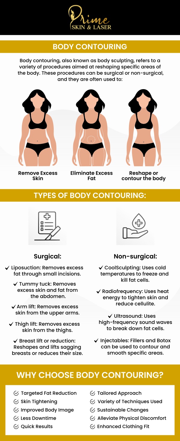 Body contouring is a non-surgical procedure designed to reshape and enhance your body's appearance by targeting stubborn fat and improving skin elasticity. Benefits include improved body shape, enhanced self-confidence, and a more toned and youthful appearance. At Prime Skin & Laser, we offer personalized body contouring solutions tailored to your goals and lifestyle. Contact us for more information or schedule an appointment online. We are conveniently located at 5748 N Canton Center Rd, Canton, MI 48187. Body contouring is a non-surgical procedure designed to reshape and enhance your body's appearance by targeting stubborn fat and improving skin elasticity. Benefits include improved body shape, enhanced self-confidence, and a more toned and youthful appearance. At Prime Skin & Laser, we offer personalized body contouring solutions tailored to your goals and lifestyle. Contact us for more information or schedule an appointment online. We are conveniently located at 5748 N Canton Center Rd, Canton, MI 48187.